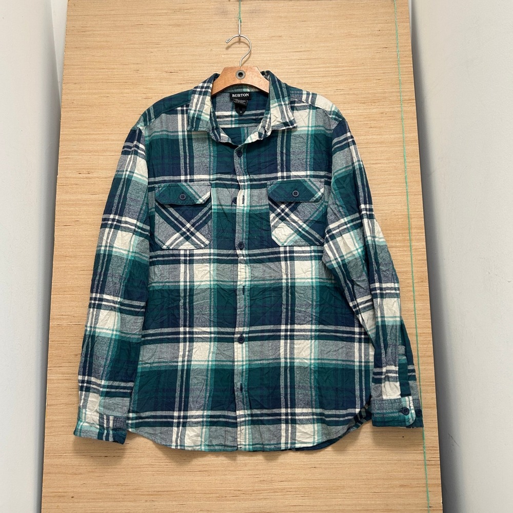 Burton Durable Goods Mens Large Plaid Flannel Shirt Teal Green Navy Blue White